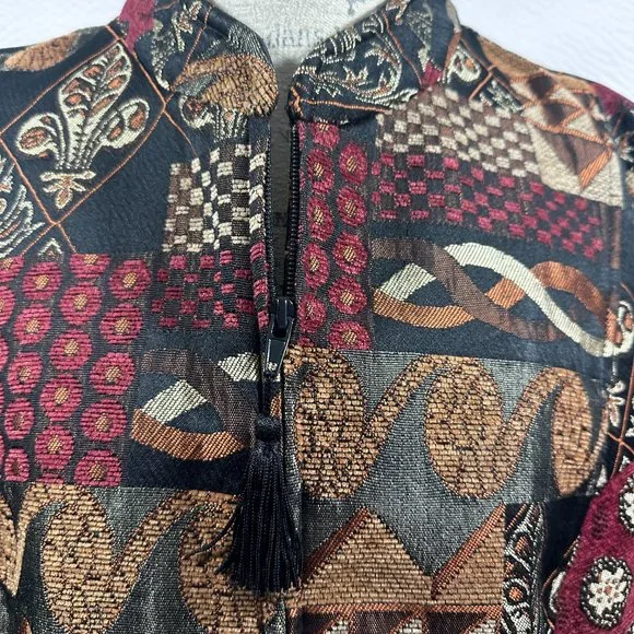 Vintage Tapestry Earth Tone Mandarin Full Zip jacket color blocked 2X - Picture 2 of 9